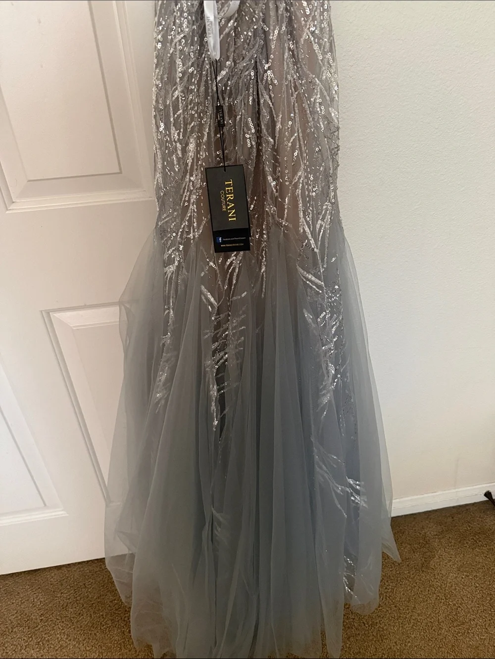 Terani Couture Silver Nude  Sequin Beaded Halter Strap Evening Gown